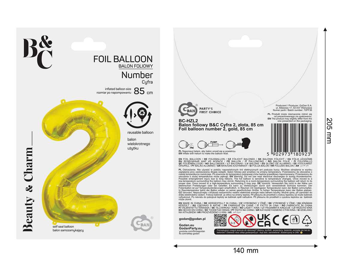 Foil Balloon B&C Number 2, Gold, 85 cm